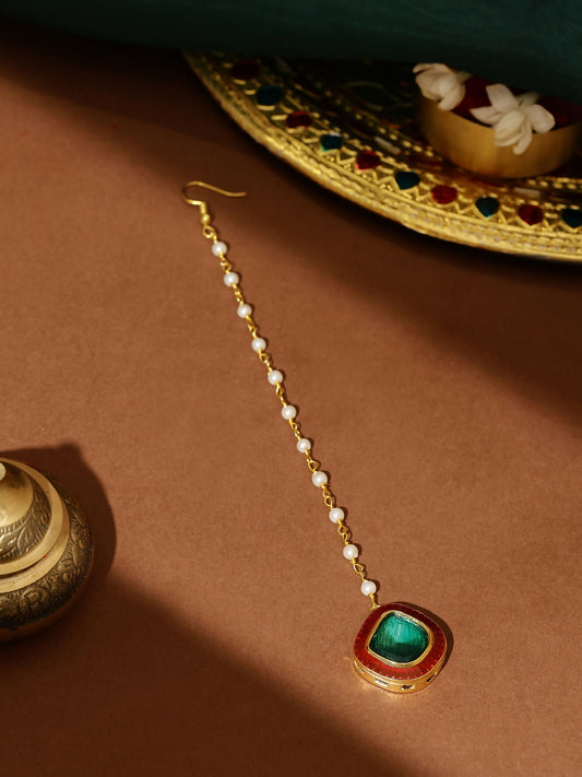 Ruby Raang Green and Red Meenakari Kundan Maang tikka | Swadesiicart
