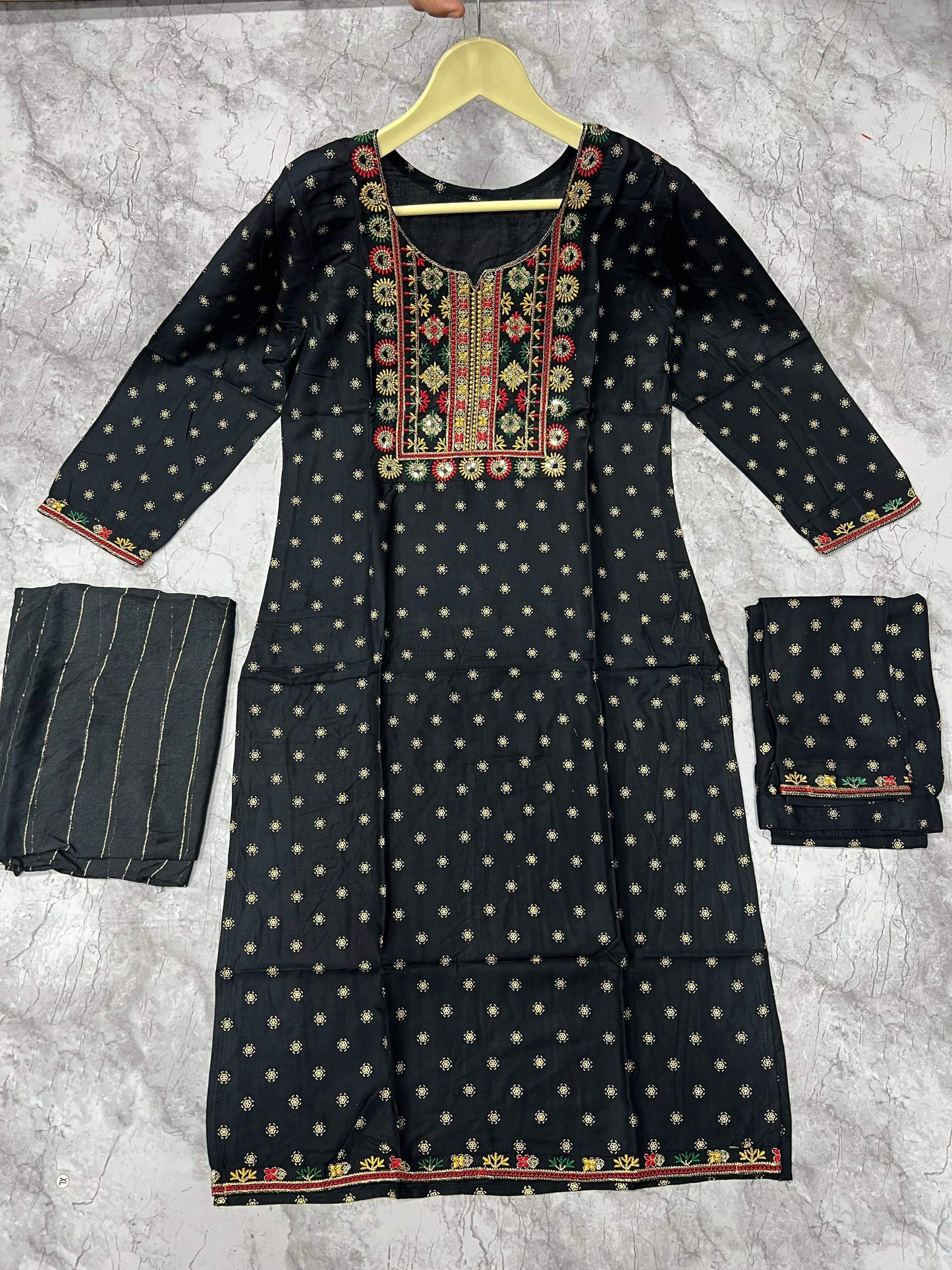 Jyoti Fashion Women's Black 14KG Rayon Foil Print with Embroidery Kurta Set | Swadesiicart