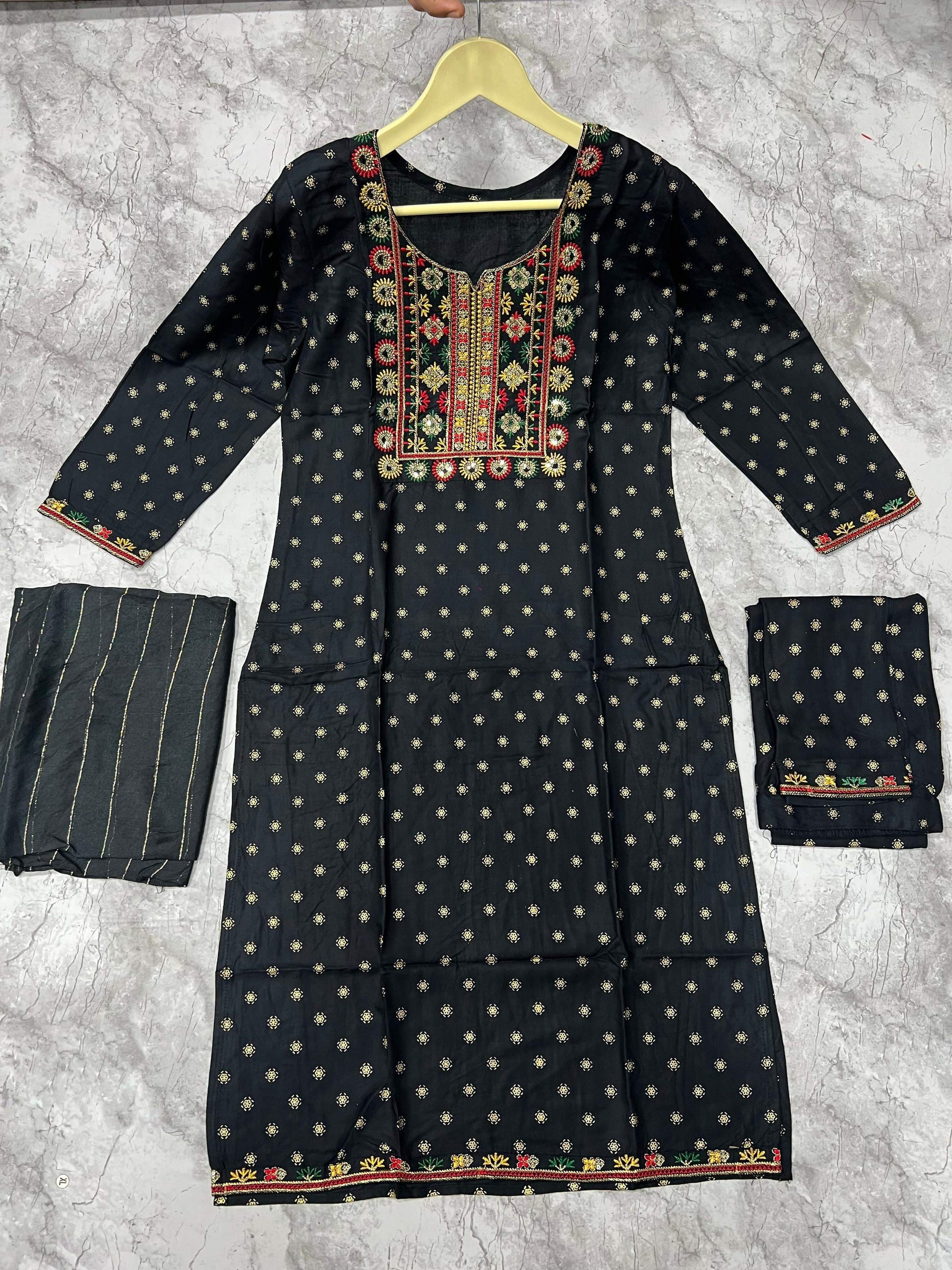 Jyoti Fashion Women's Black 14KG Rayon Foil Print with Embroidery Kurta Set | Swadesiicart