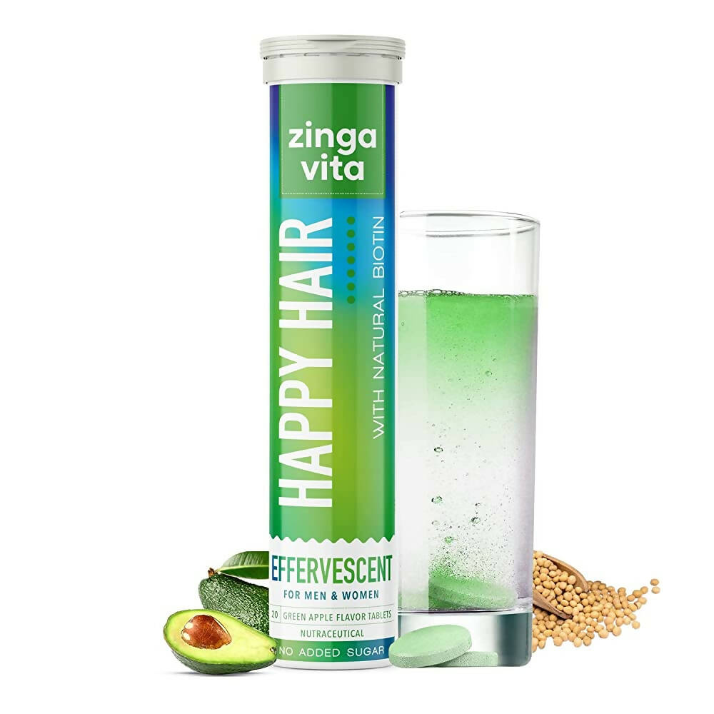 Zingavita Happy Hair Biotin Effervescent Tablets (Green Apple Flavor) Sugar Free | Swadesiicart