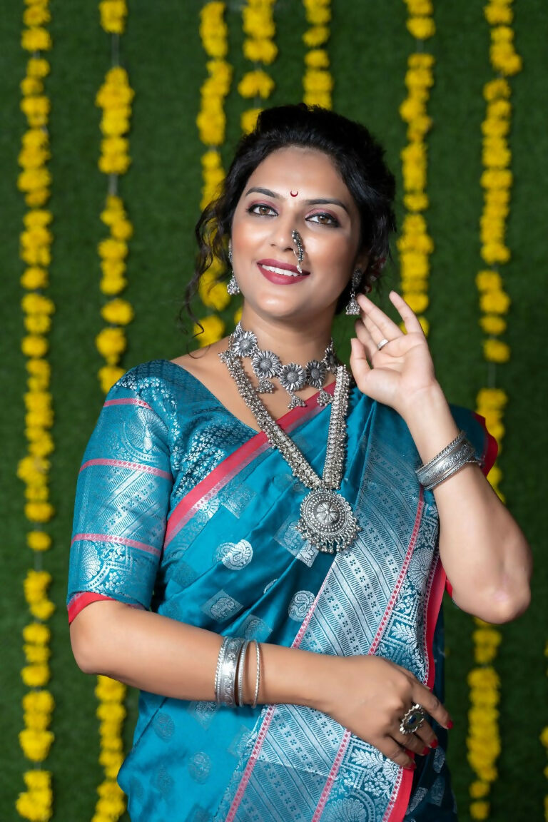 Jyoti Fashion Women's Teal Soft Handloom Silk Zari Woven Saree with Blouse | Swadesiicart