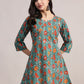 Aavyora Women's Teal Green Cotton A-Line Tunic with Red Floral Print and All-Over Pintuck Details