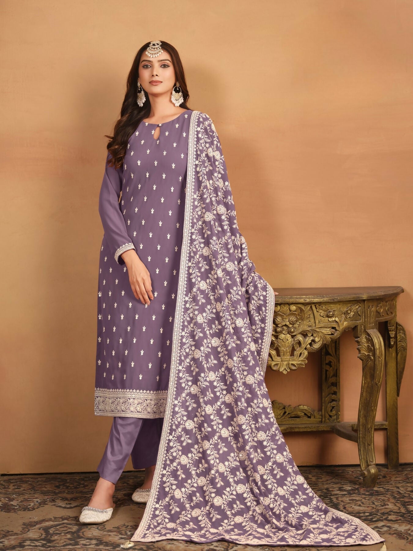 Anaita Lavender Embroidered Faux Georgette Salwar Suit