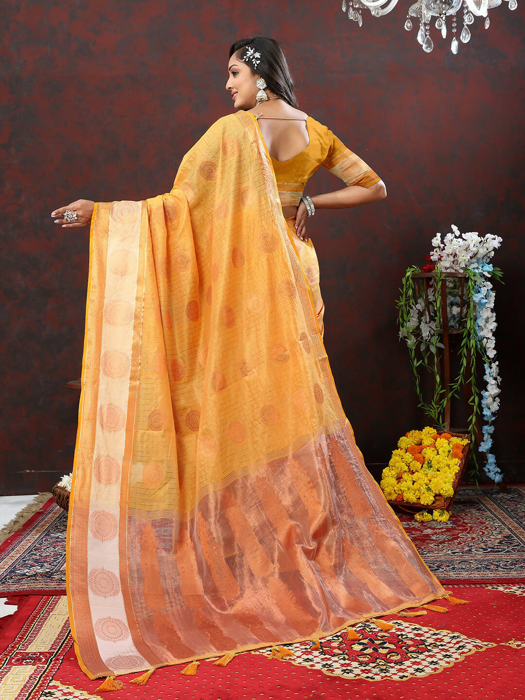 Lorenvalley Fashion Orange Cotton with Woven Design Zari Weaving Saree - Swadesiicart