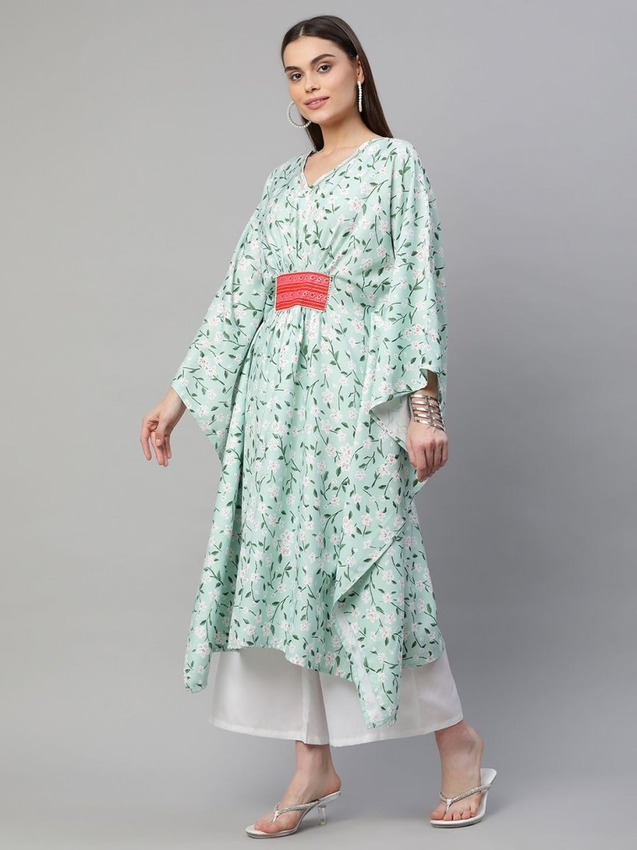 Ahalyaa Women Light Green Rayon Printed Flared Sleeve Kaftan Kurta | Swadesiicart