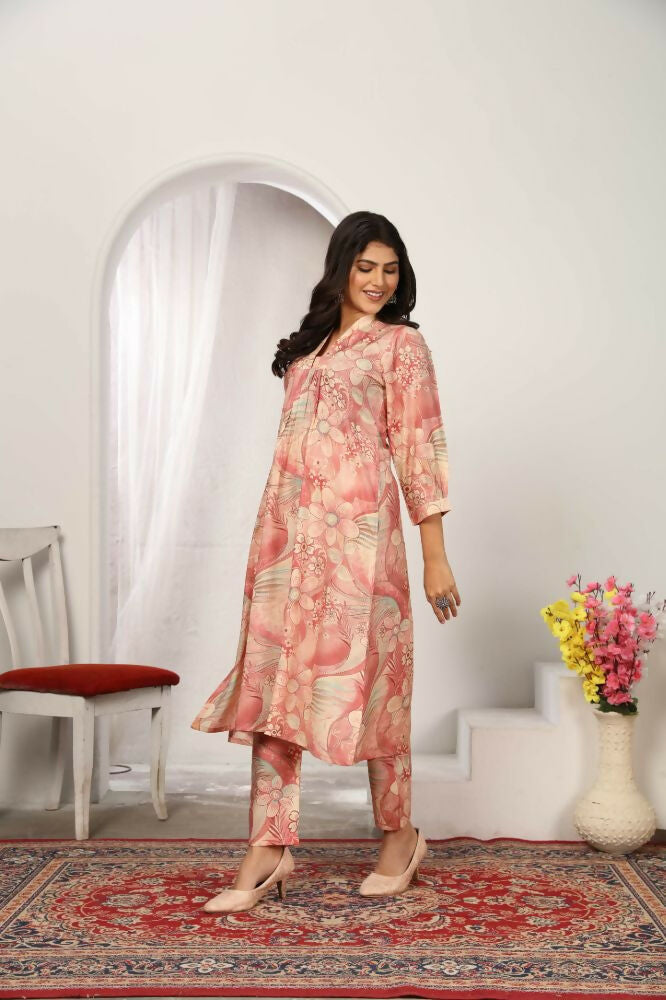 Jyoti Fashion Women's Peach Rayon Floral Print with Side Pocket Kurtis & Sets | Swadesiicart