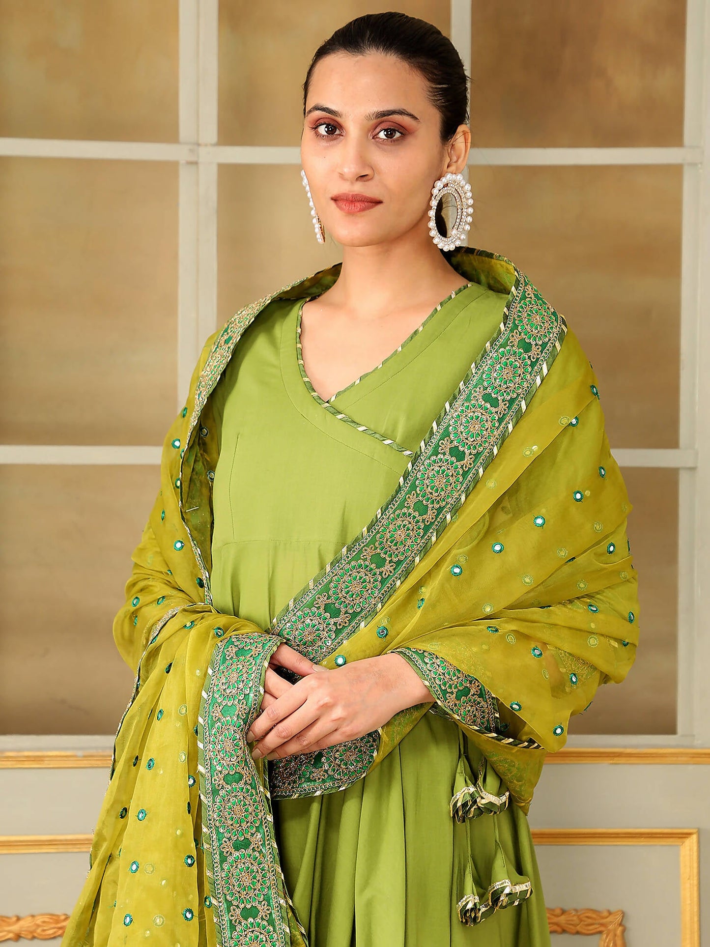 Pomcha Jaipur Green Saadgi Mehendi Green Mirror Work Angrakha Set | Swadesiicart
