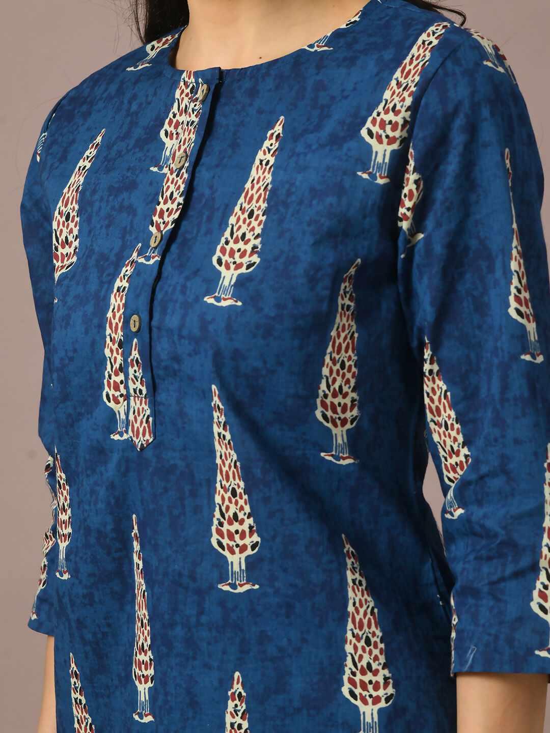 Myshka Women's Blue Printed Cotton Round Neck Party Tunic With Trousers Co-ord set - Swadesiicart