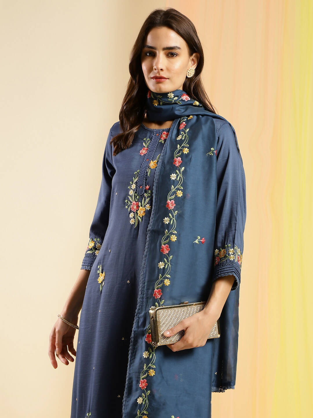 Blue Chinon Embroidered Straight Kurta with Trouser & Dupatta - Salimar
