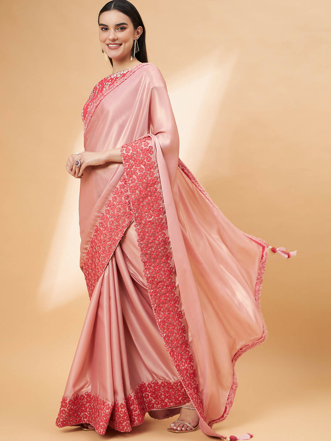 Light Pink Satin Georgette Laser Cut Floral Embroidery , Resham, Zari And Cord Embroidery Saree - Norita Hit Design - Swadesiicart