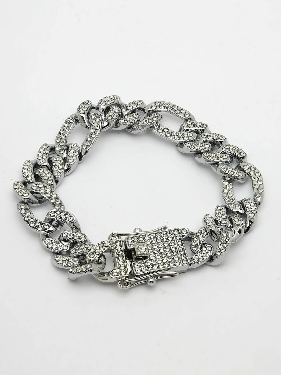 NVR Men Silver-Plated Stainless Steel American Diamond Studded Link Bracelet - Swadesiicart