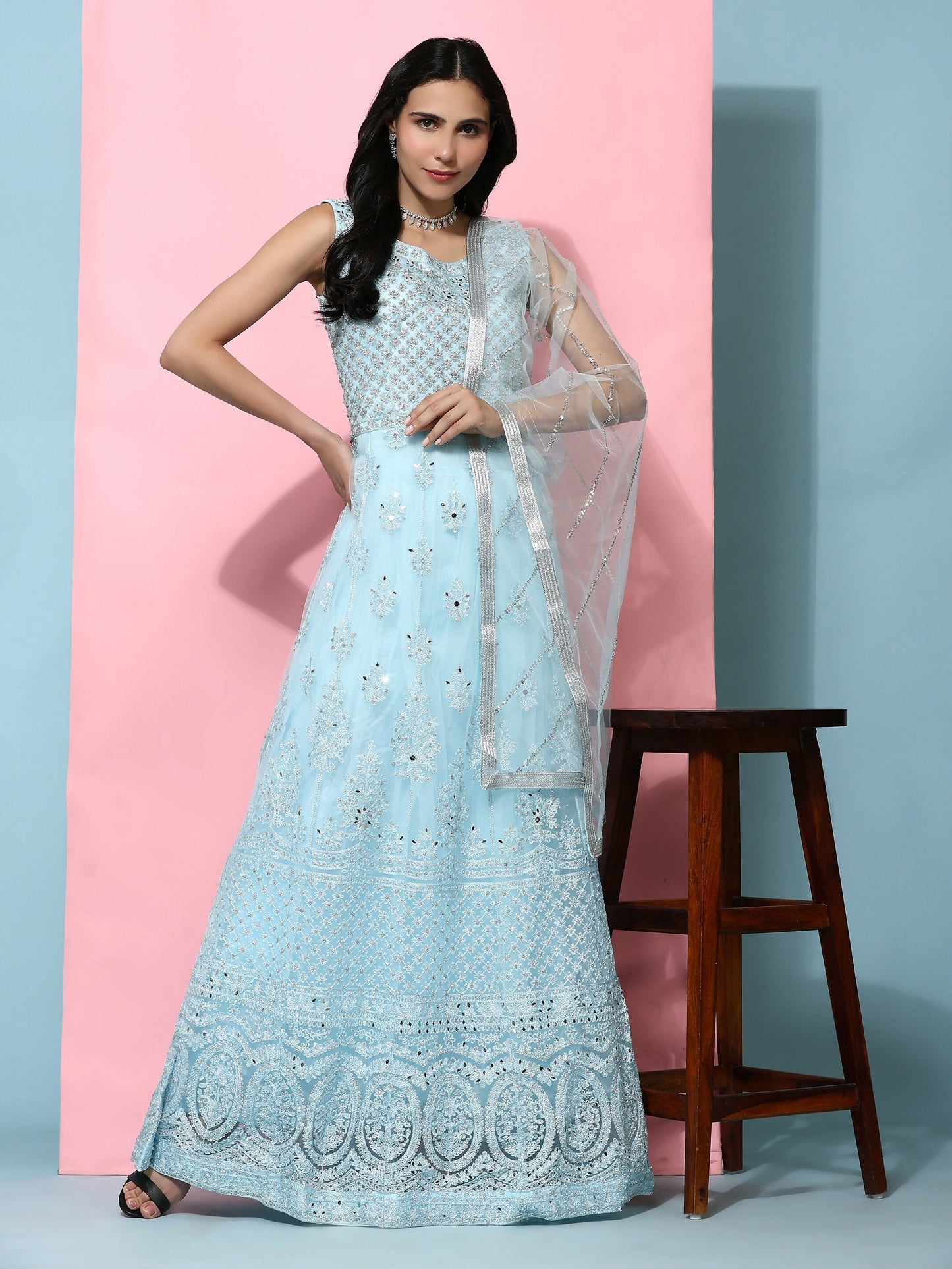 Blue Net Hand Embroidered Gown - Rudrani