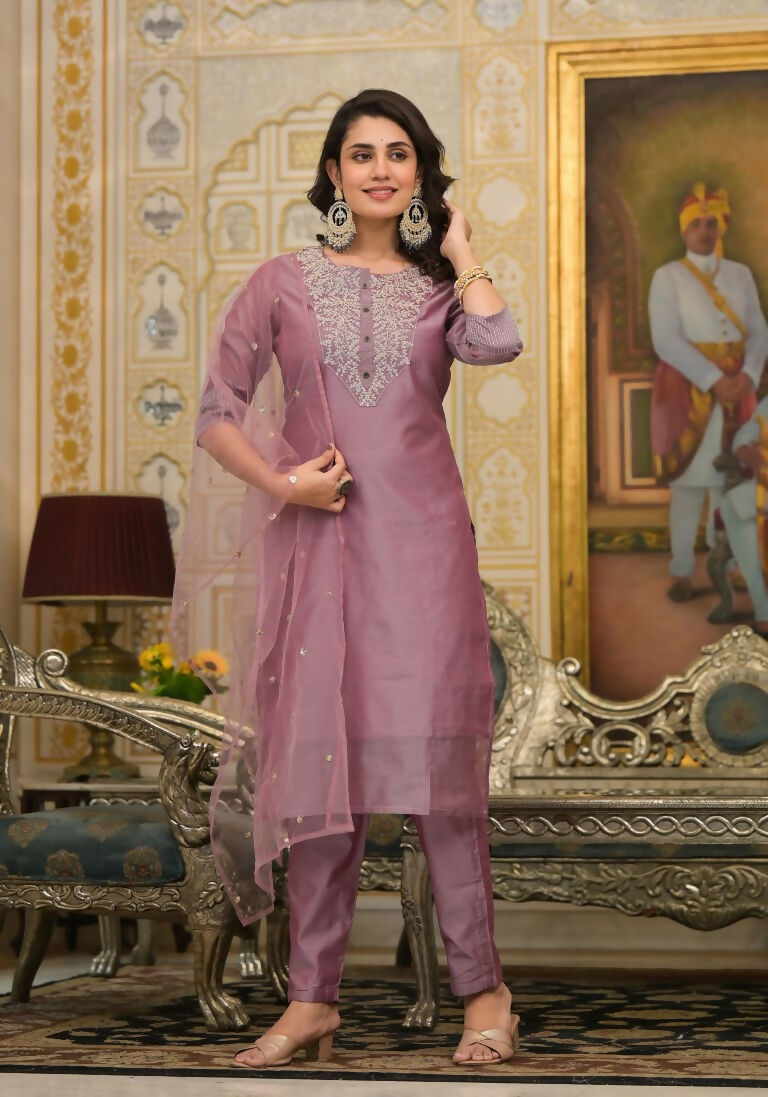 Partywear Designer Rose gold Cotton Silk Stitched Suit With Dupatta - Tanisha | Swadesiicart