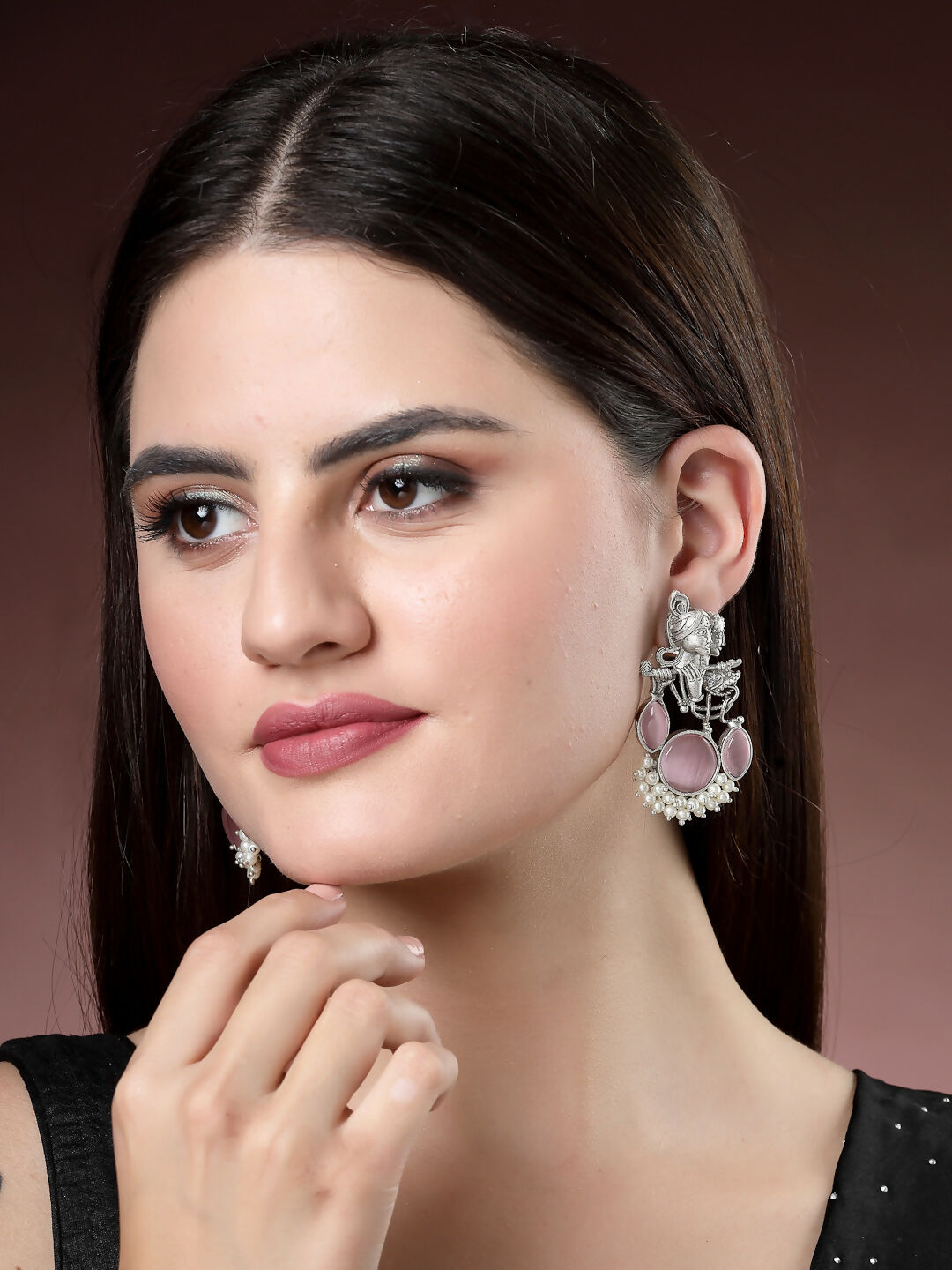 NVR Women's Silver-Plated Artificial Stones and Beads Radha Krishna Drop Earrings | Swadesiicart