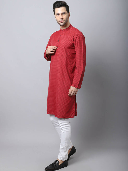 Even Apparels Maroon Cotton Checked Men's Kurta With Band Collar | Swadesiicart