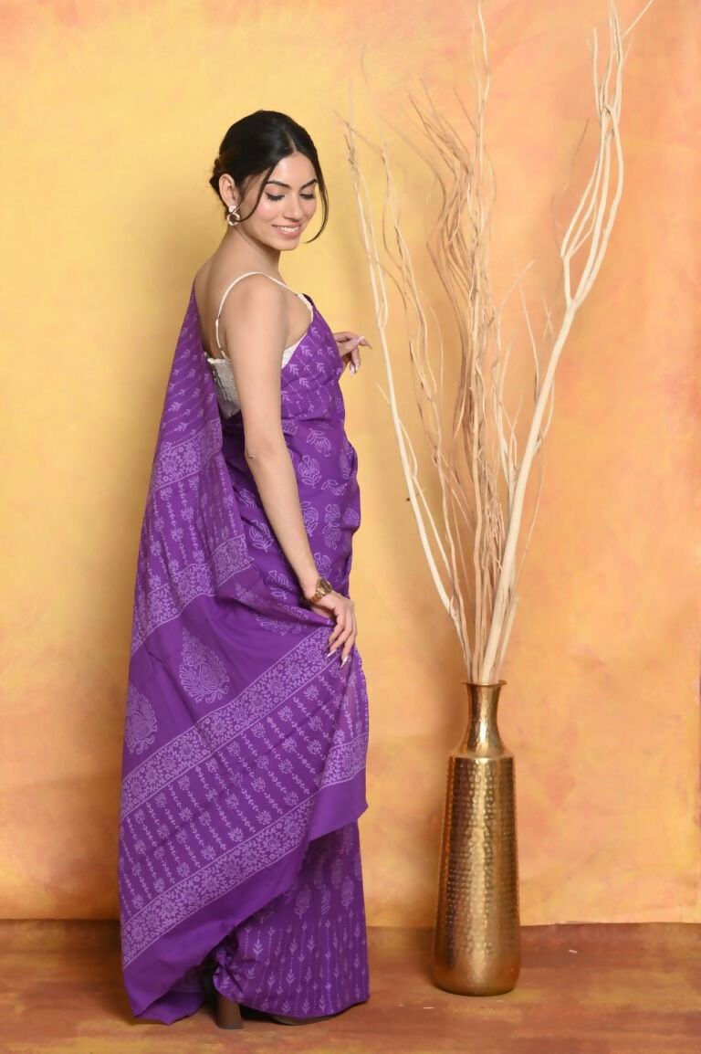 Very Much Indian Handblock Printed Cotton Saree With Natural Dyes - Purple | Swadesiicart