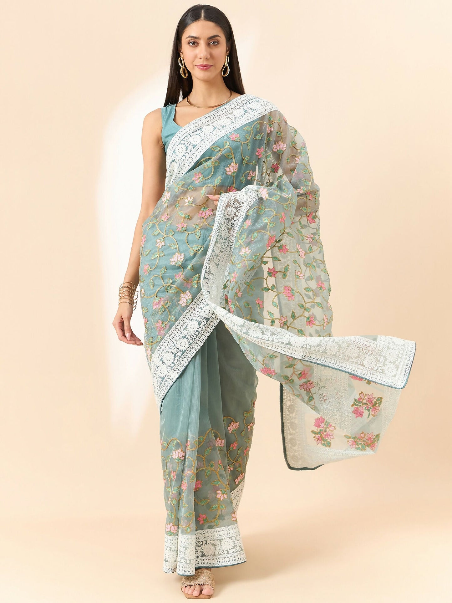 Blue Organza Floral Embroidered Saree with Unstitched Blouse Piece - Roozal