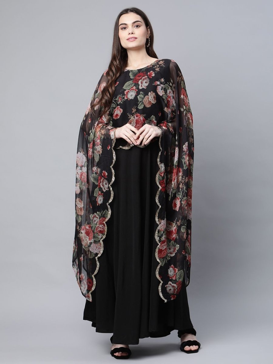 Ahalyaa Women Black Crepe Dress With Attached Dupatta | Swadesiicart