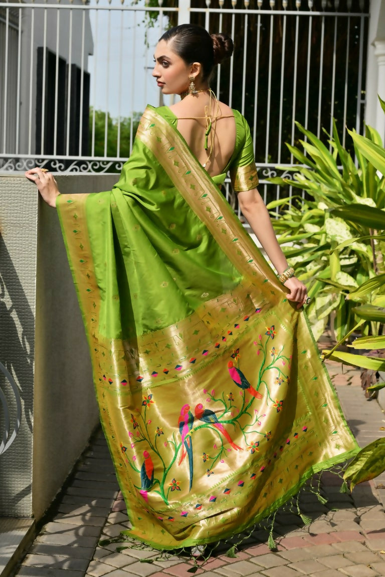 Vishnu Weaves Women's Mahendi Paithani Silk Zari Woven Saree with Blouse - Swadesiicart