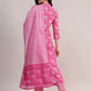 Aavyora Women's Pink Floral Print Cotton A-Line Kurta with Striped Trouser & Dupatta