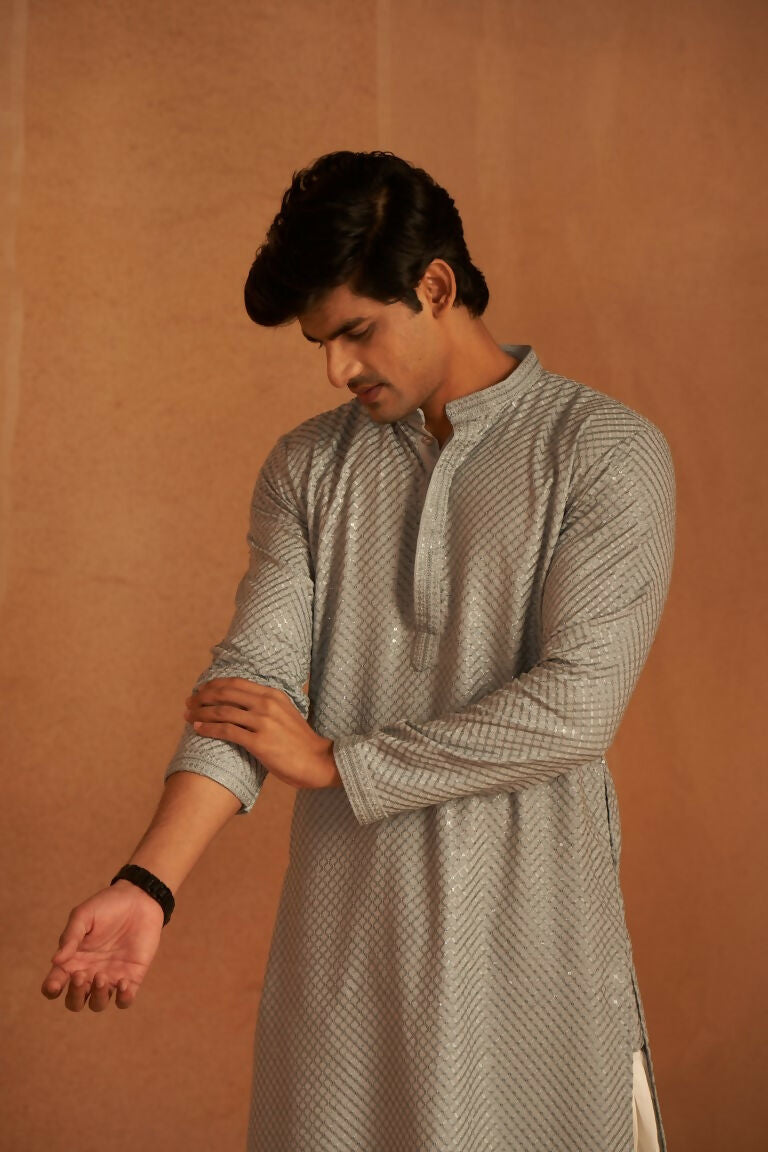 Grey viscose Chikankari Embroidery Work Men's Traditional Kurta Set - Mahotsav | Swadesiicart