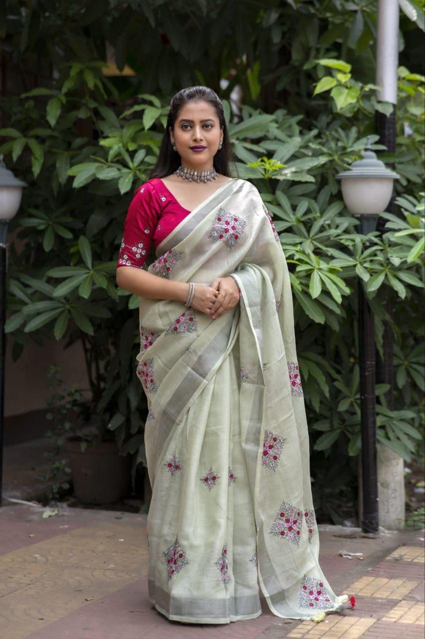Green Pure Linen Ethnic Motifs Saree with Unstitched Blouse - Hiral Fashion | Swadesiicart