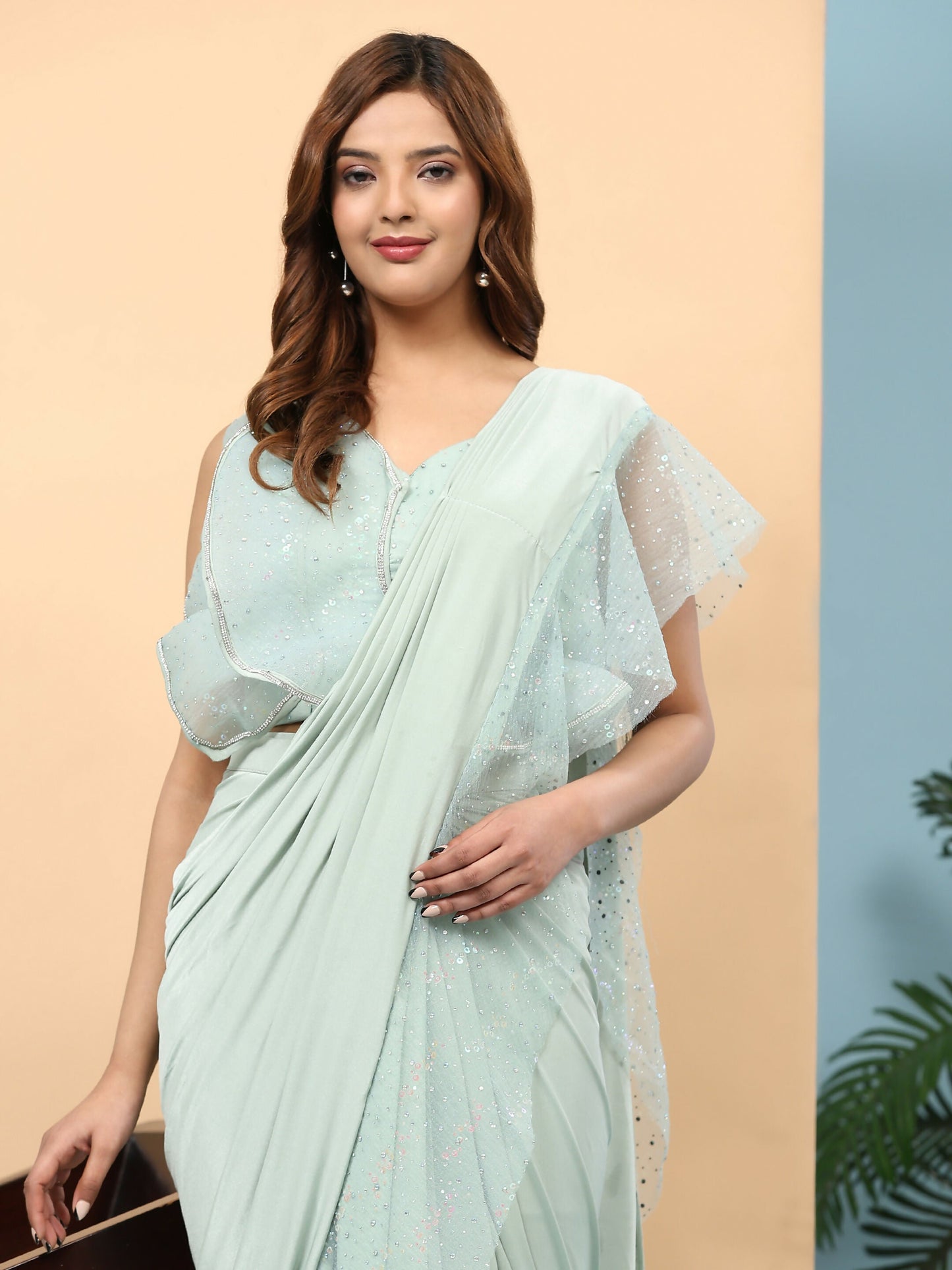 Light Blue Lycra Solid Ready to Wear Saree with stitched Blouse - Nita | Swadesiicart