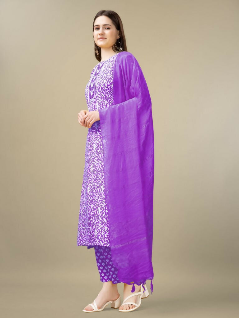 Jyoti Fashion Women's Purple Rayon Embroidery & Sequence work Kurta with Trouser & Dupatta | Swadesiicart