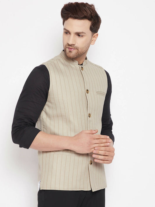 Even Apparels Beige Linen Blend Men Woven Nehru Jacket | Swadesiicart