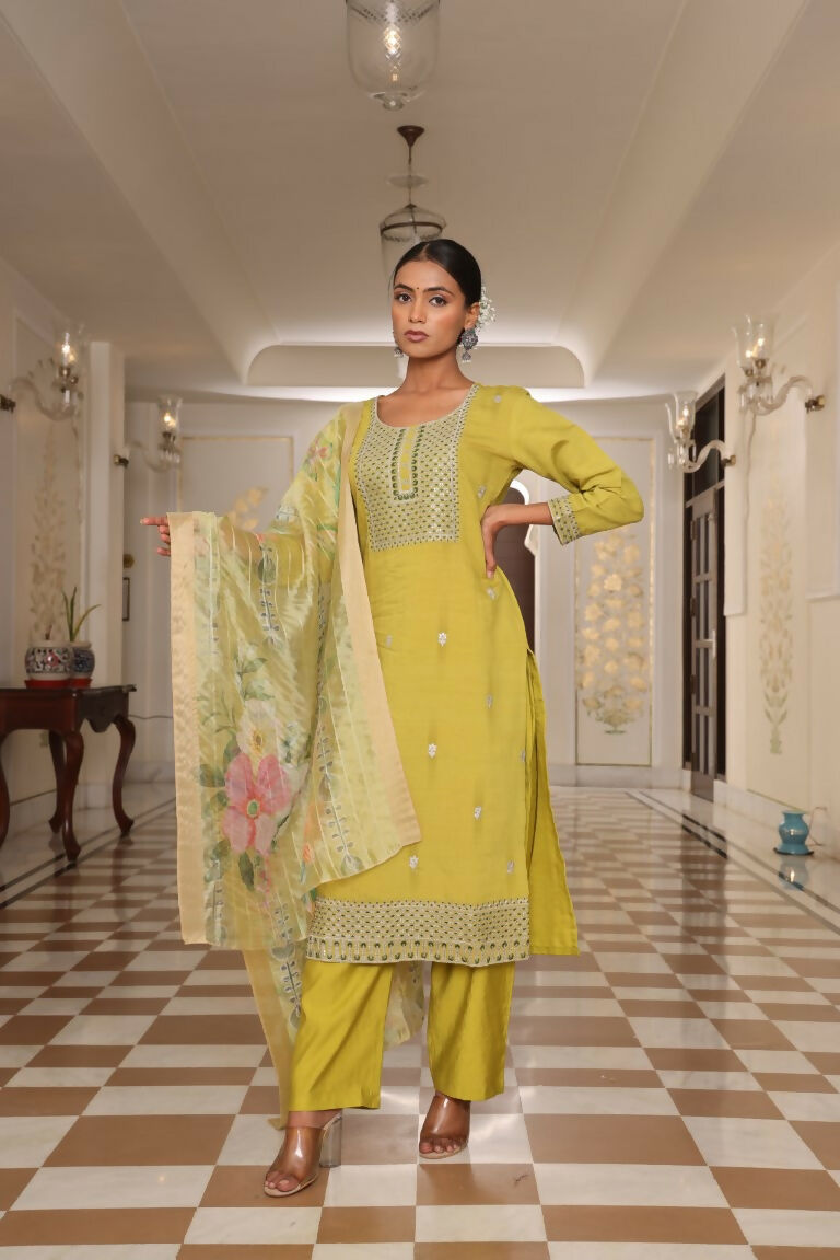 Jyoti Fashion Women's Light Yellow Cotton Silk Floral Print with Embroidered Kurta Set | Swadesiicart