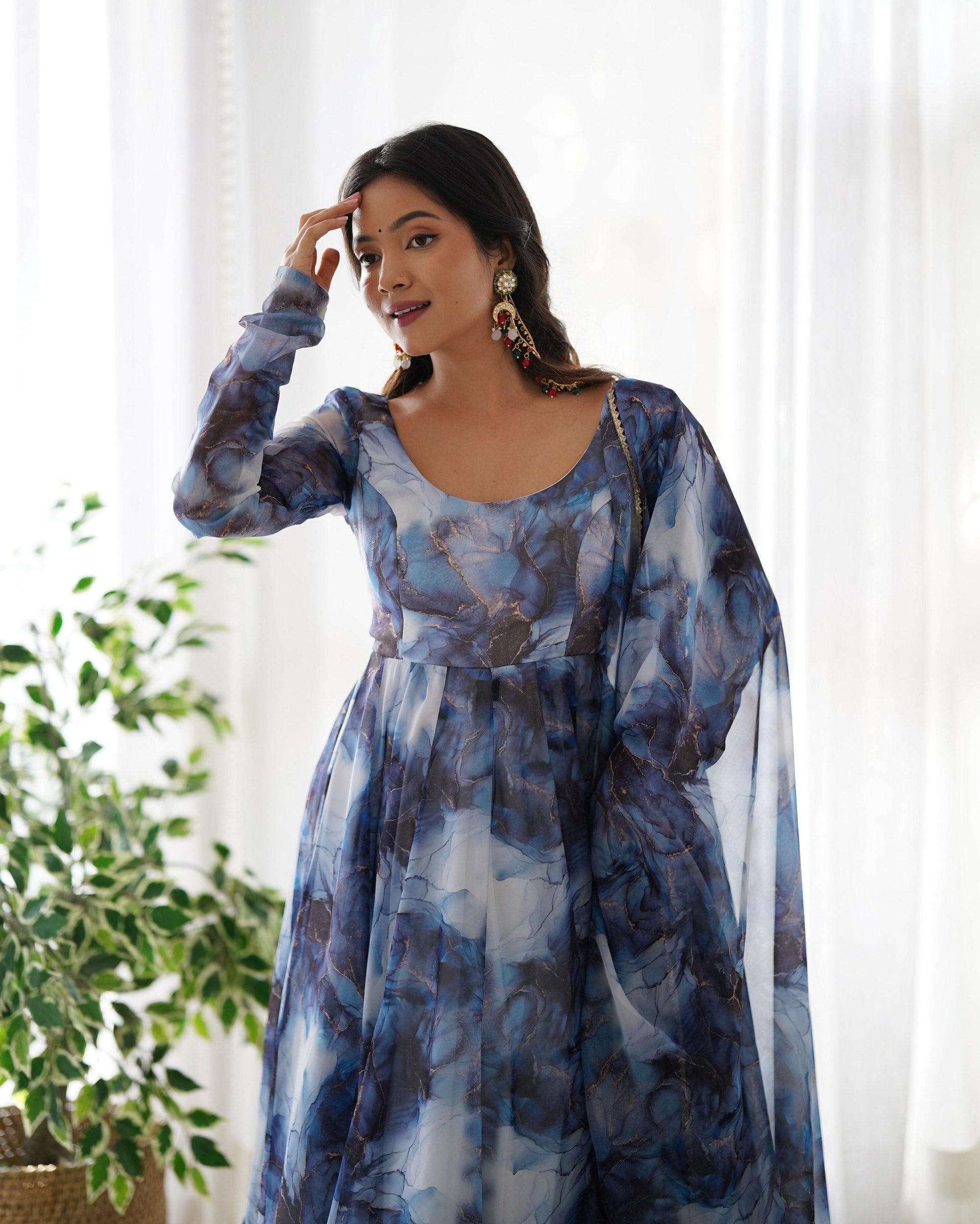 Joban Fashion Navy Blue Kurta Set Organza Sequin Embroidery Work - Swadesiicart