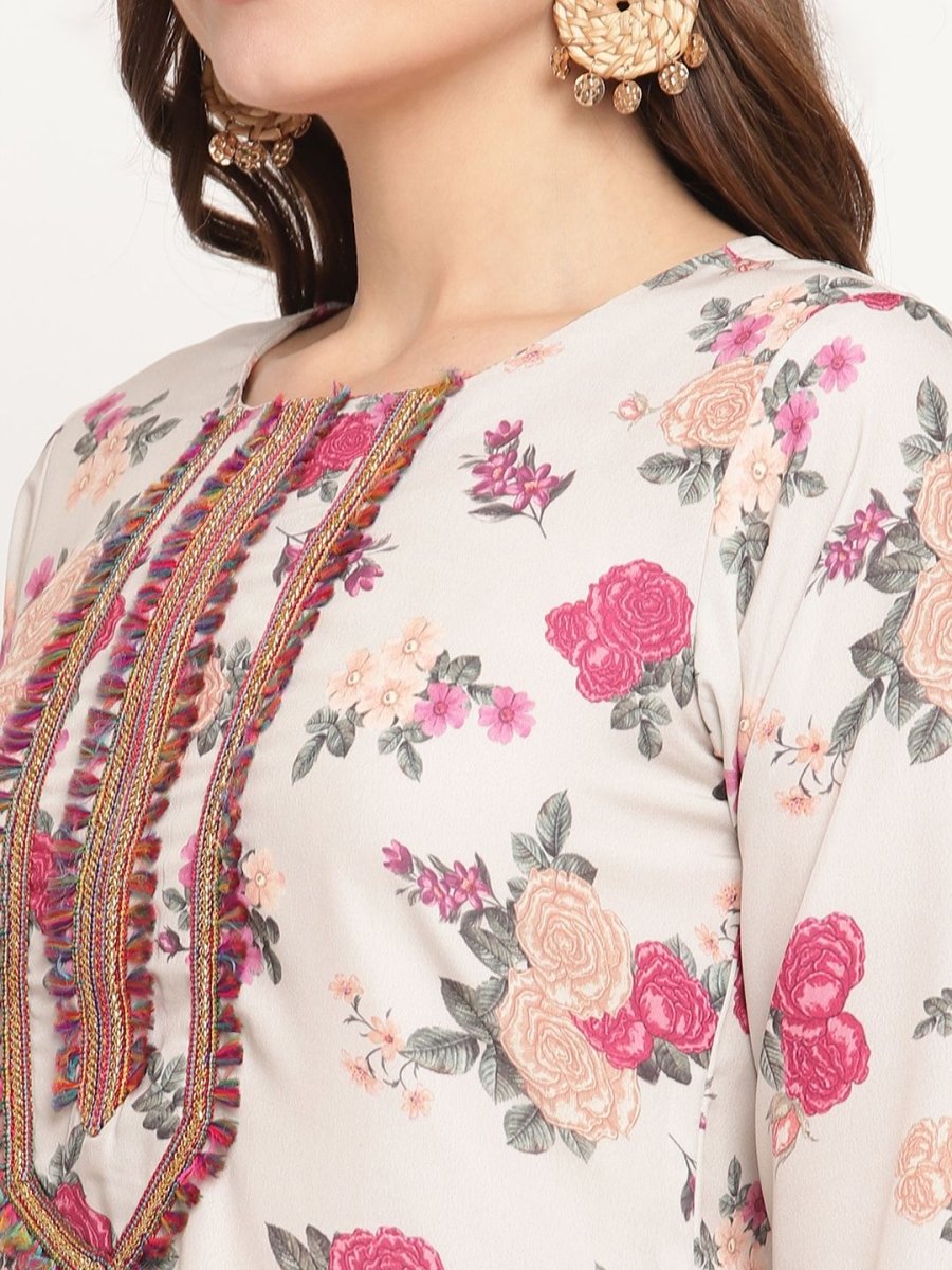 Ahalyaa Women Beige Floral Printed Regular Gotta Patti Kurta with Palazzos & With Dupatta | Swadesiicart