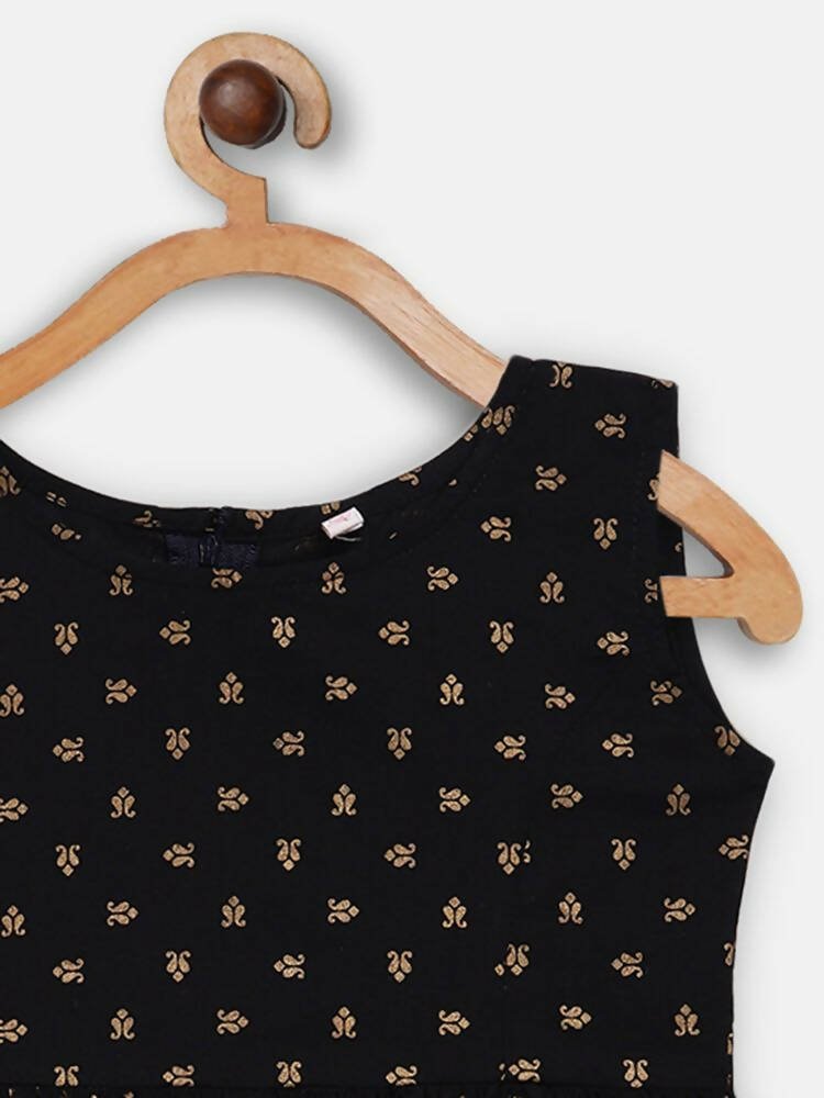 Ahalyaa Black Cotton Gold Print Kids Kurta Sharara Sets For Girls | Swadesiicart