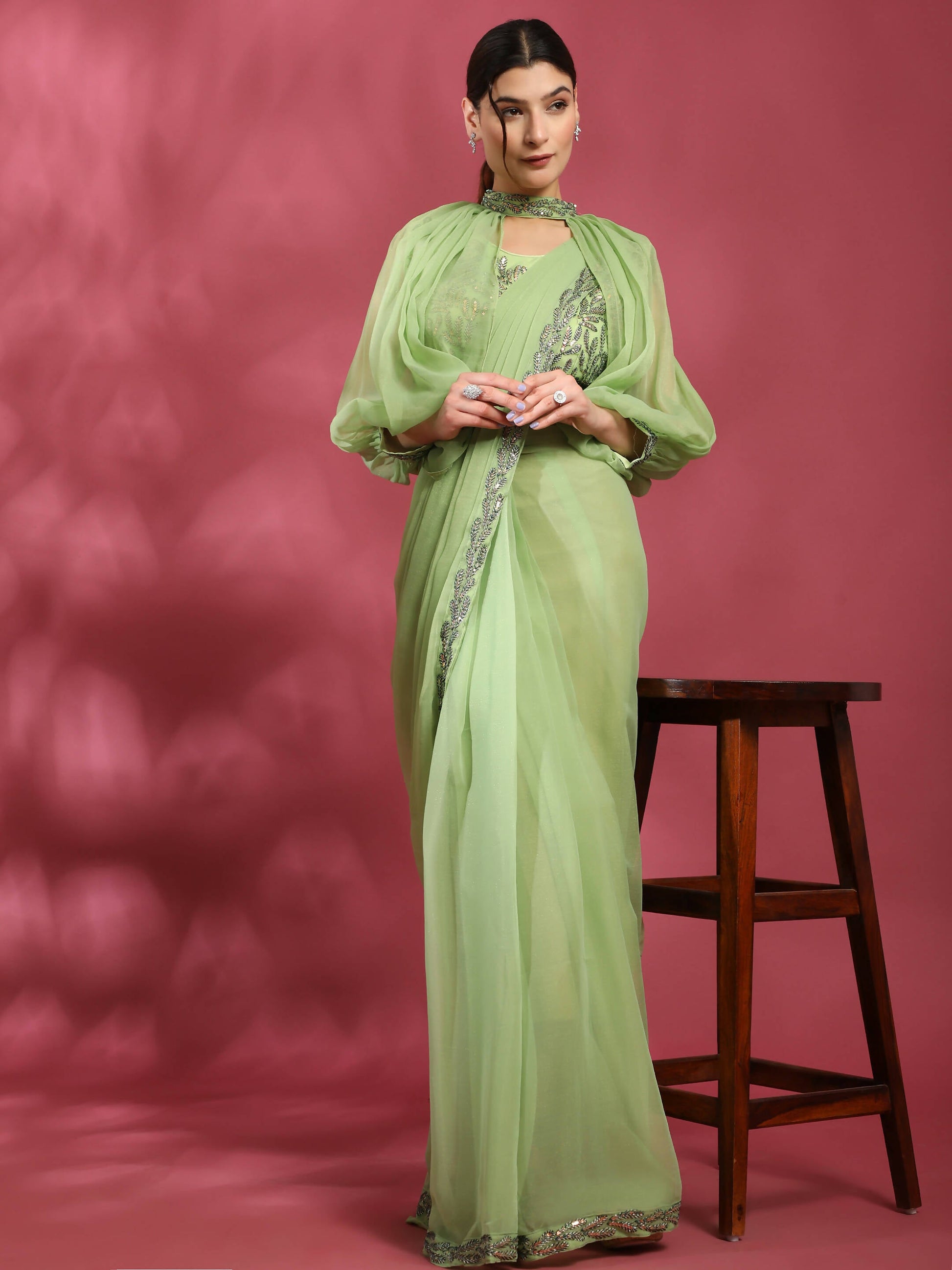 Green Fancy Pure Fabric Plain Ready to wear Saree with stitched Blouse - Vrinda | Swadesiicart