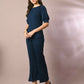 Myshka Women's Blue Solid Boat Neck Party Top With Trousers Co-ord set - Swadesiicart