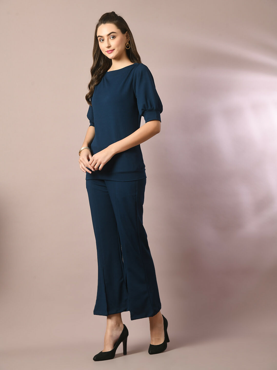 Myshka Women's Blue Solid Boat Neck Party Top With Trousers Co-ord set - Swadesiicart