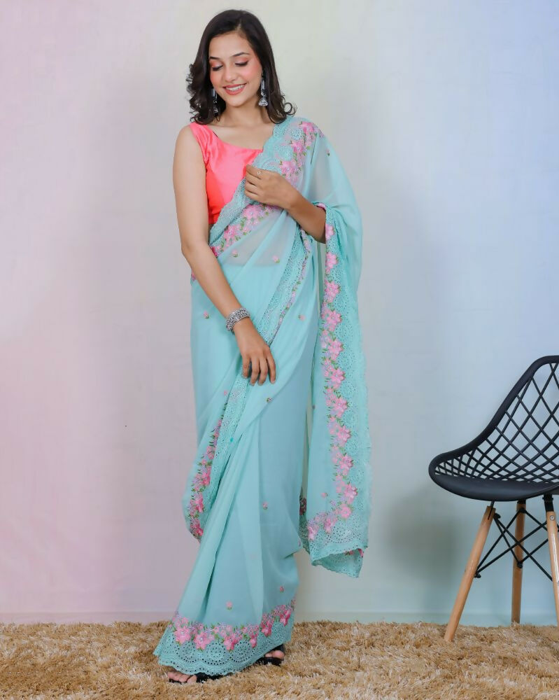 Vamsee Rashmika Blue Georgette Saree - Swadesiicart