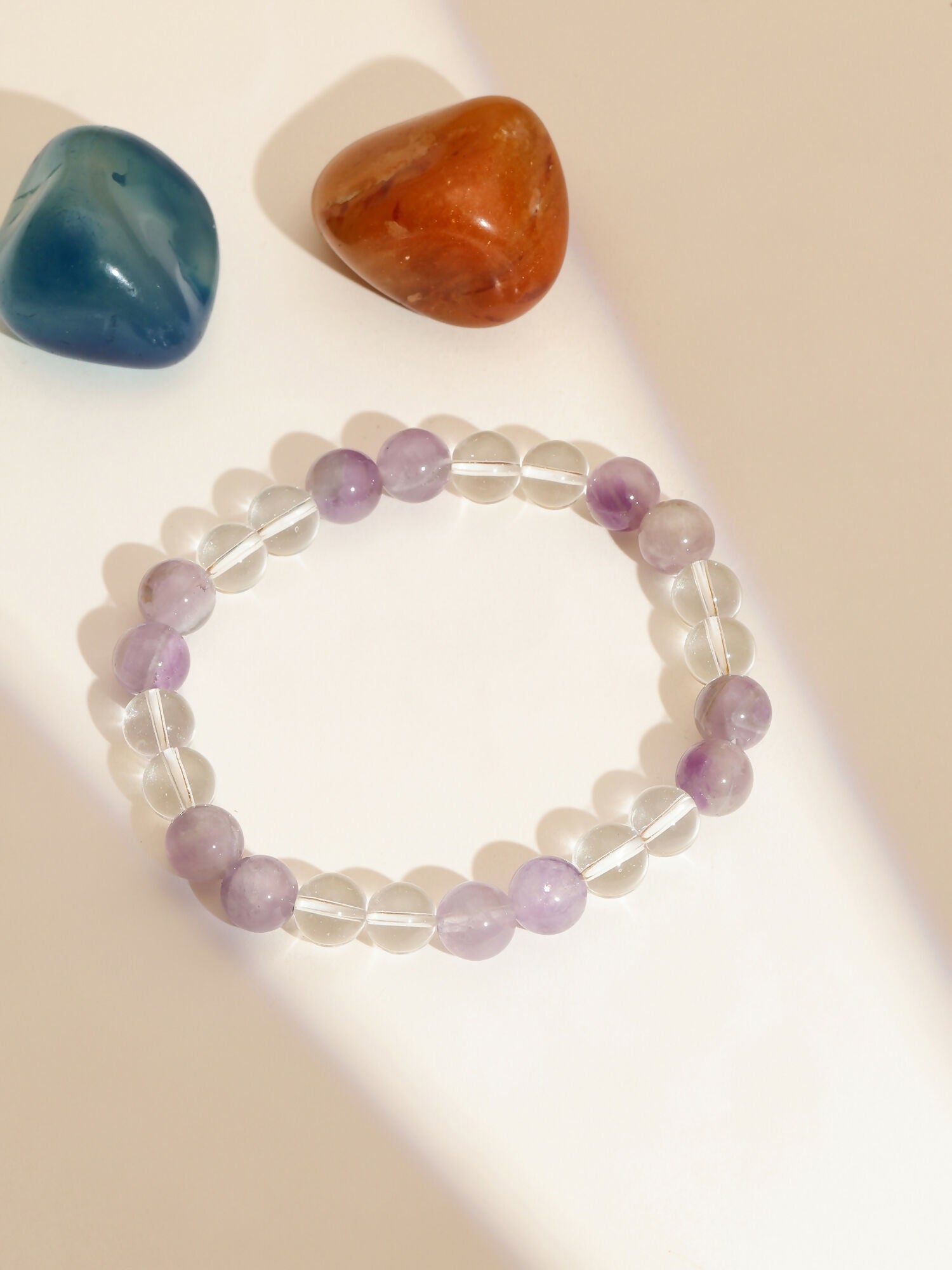 Clear Quartz and Amethyst White and Grey Beads Elastic Bracelet - Ruby Raang | Swadesiicart