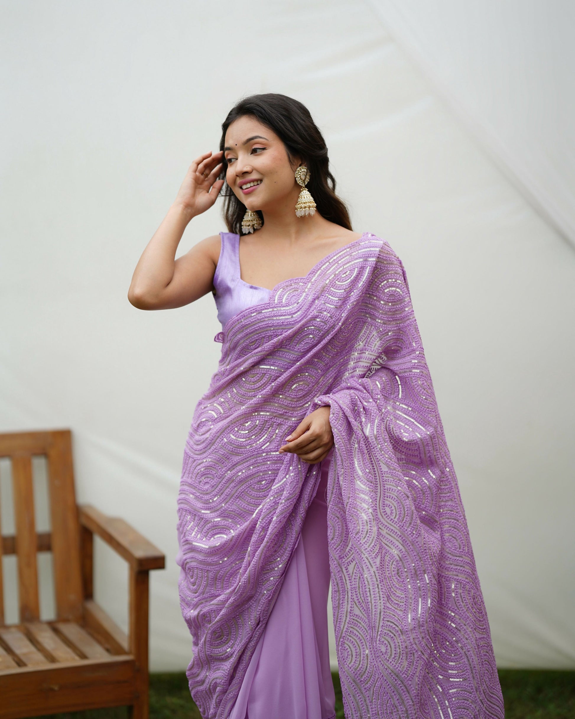 Vamsee Trending Sequins .2 Purple Georgette Saree - Swadesiicart