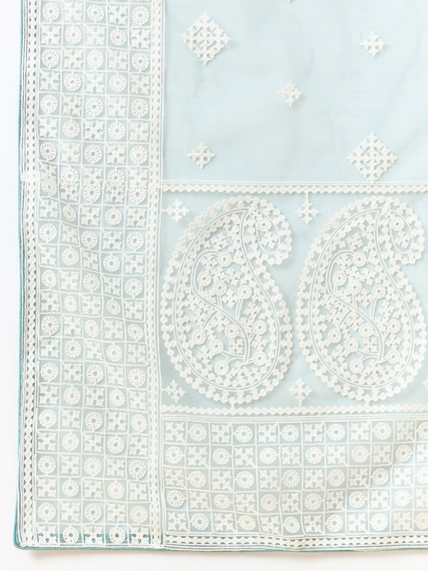 Blue Organza Geometric Embroidered Saree with Unstitched Blouse Piece - Roozal