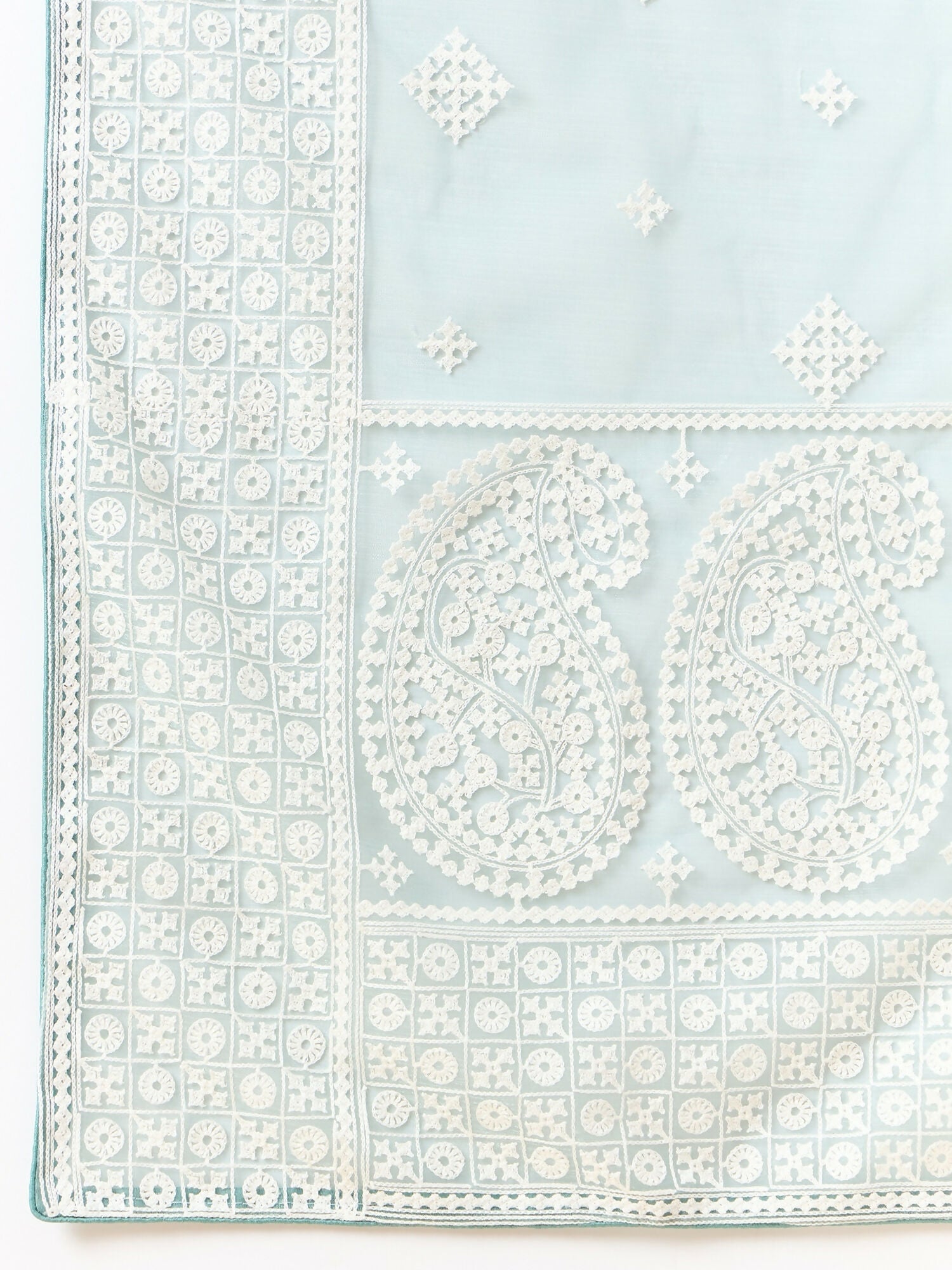 Blue Organza Geometric Embroidered Saree with Unstitched Blouse Piece - Roozal