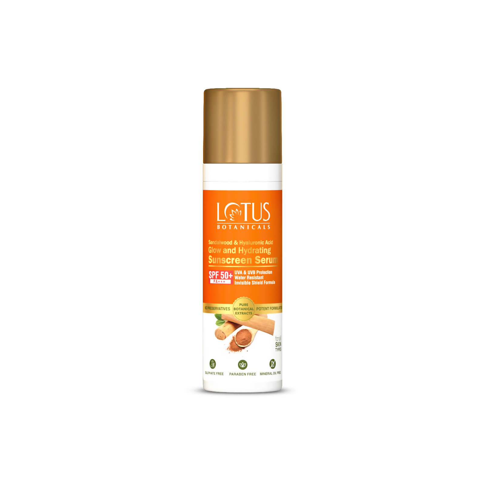 Lotus Botanicals Sandalwood & Hyaluronic Acid Glow and Hydrating Sunscreen Serum, SPF 50+, PA+++ | Swadesiicart