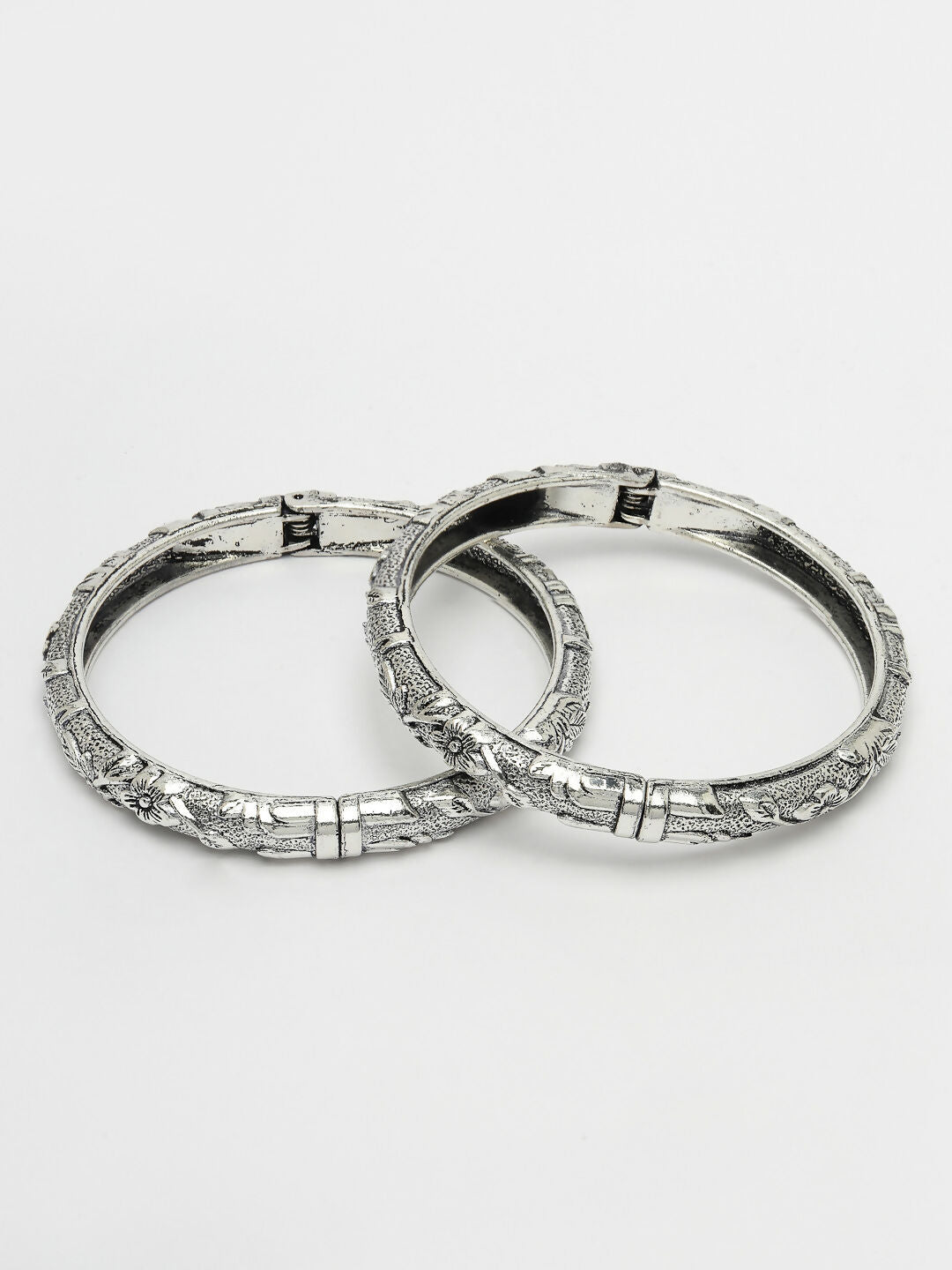NVR Women's Silver-Toned German Silver Floral Oxidised Kada Bangle - Swadesiicart