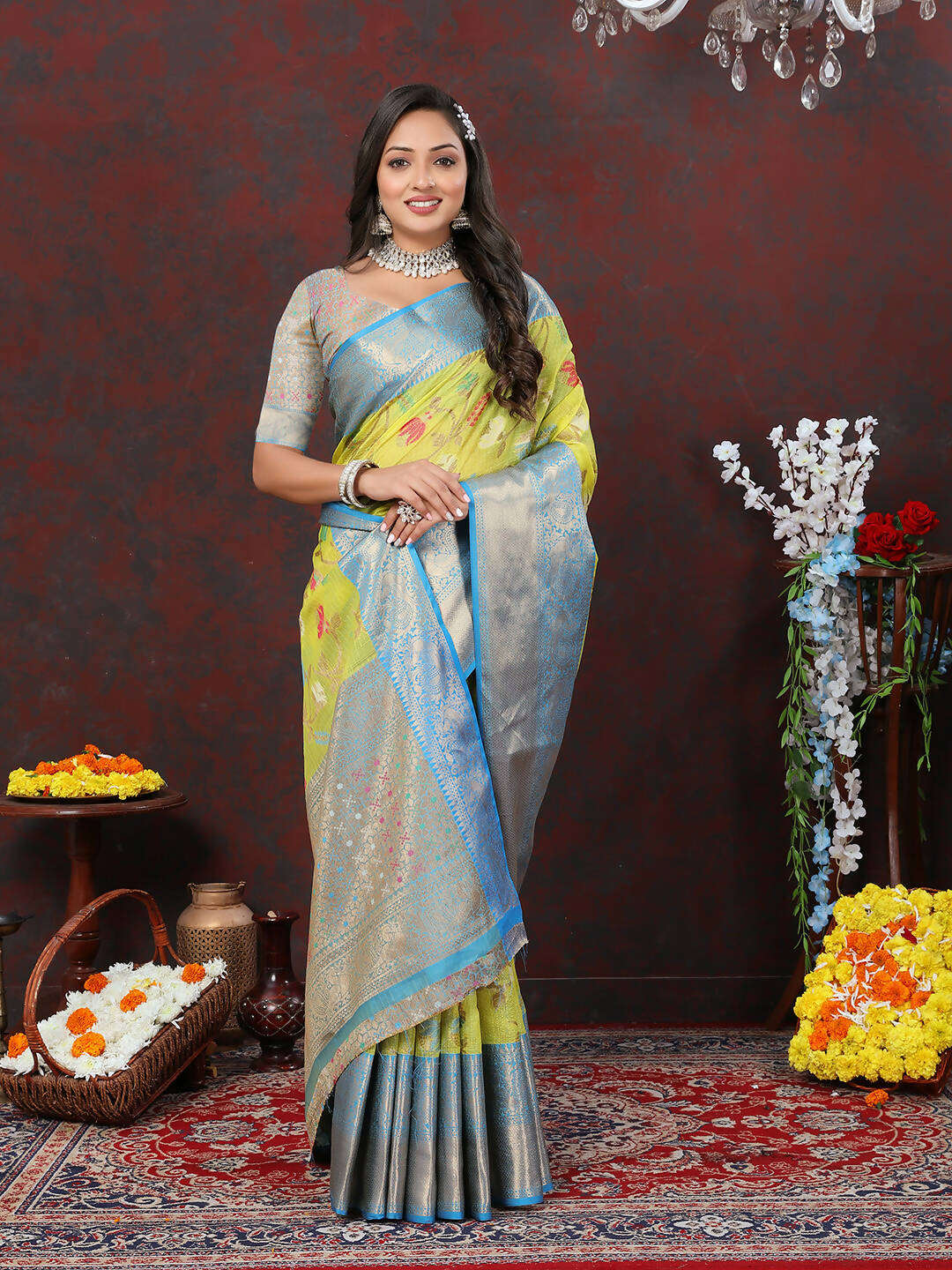 Lorenvalley Fashion Yellow Cotton Woven Design Zari Meenakari Weaving Saree - Swadesiicart