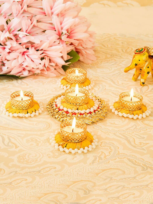 Tied Ribbons Set Of 5 Golden Diwali Dcoration Tealight Candle Holder | Swadesiicart