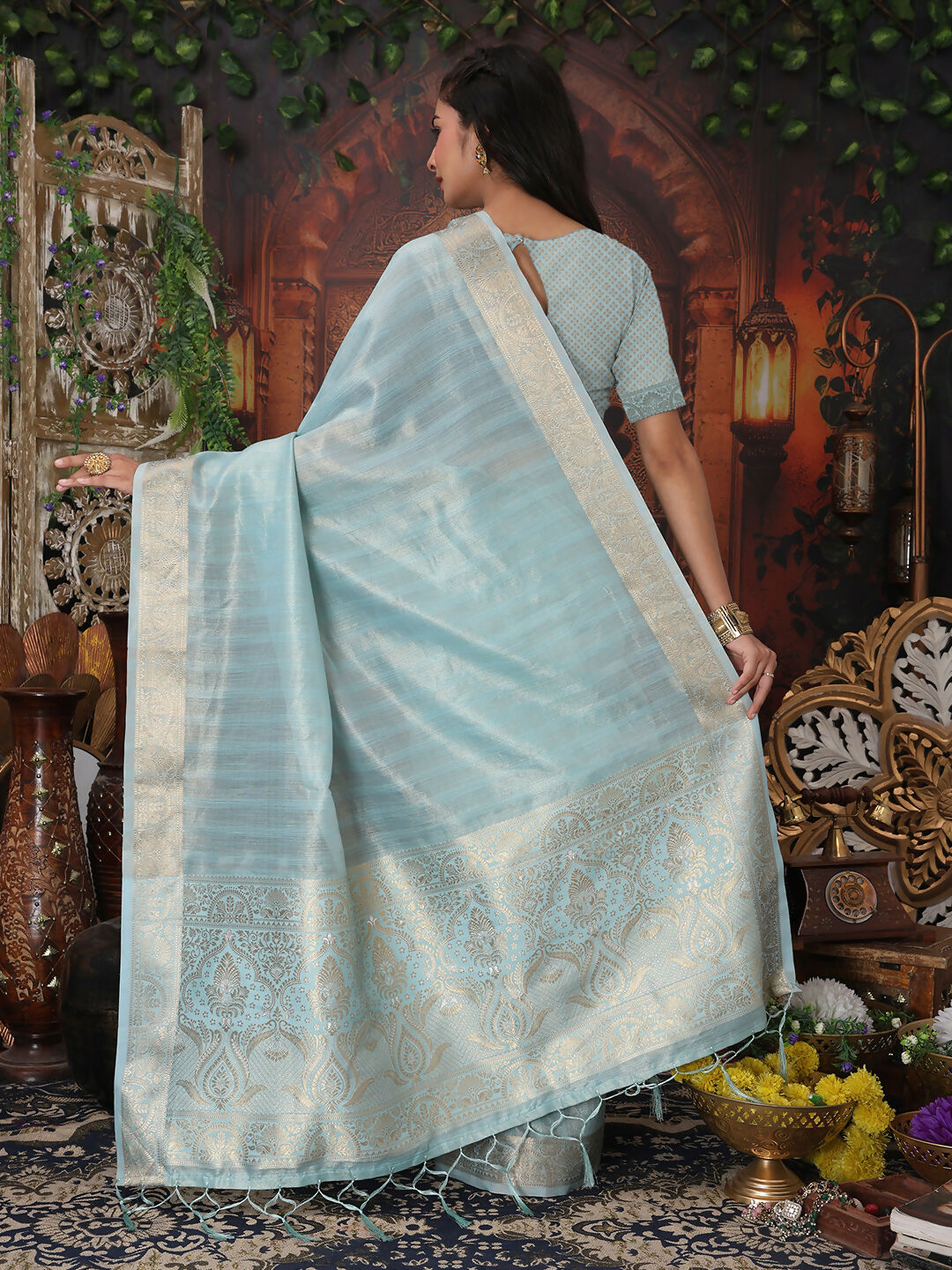 Shree Shyam Fashion Organza Sky Blue Saree