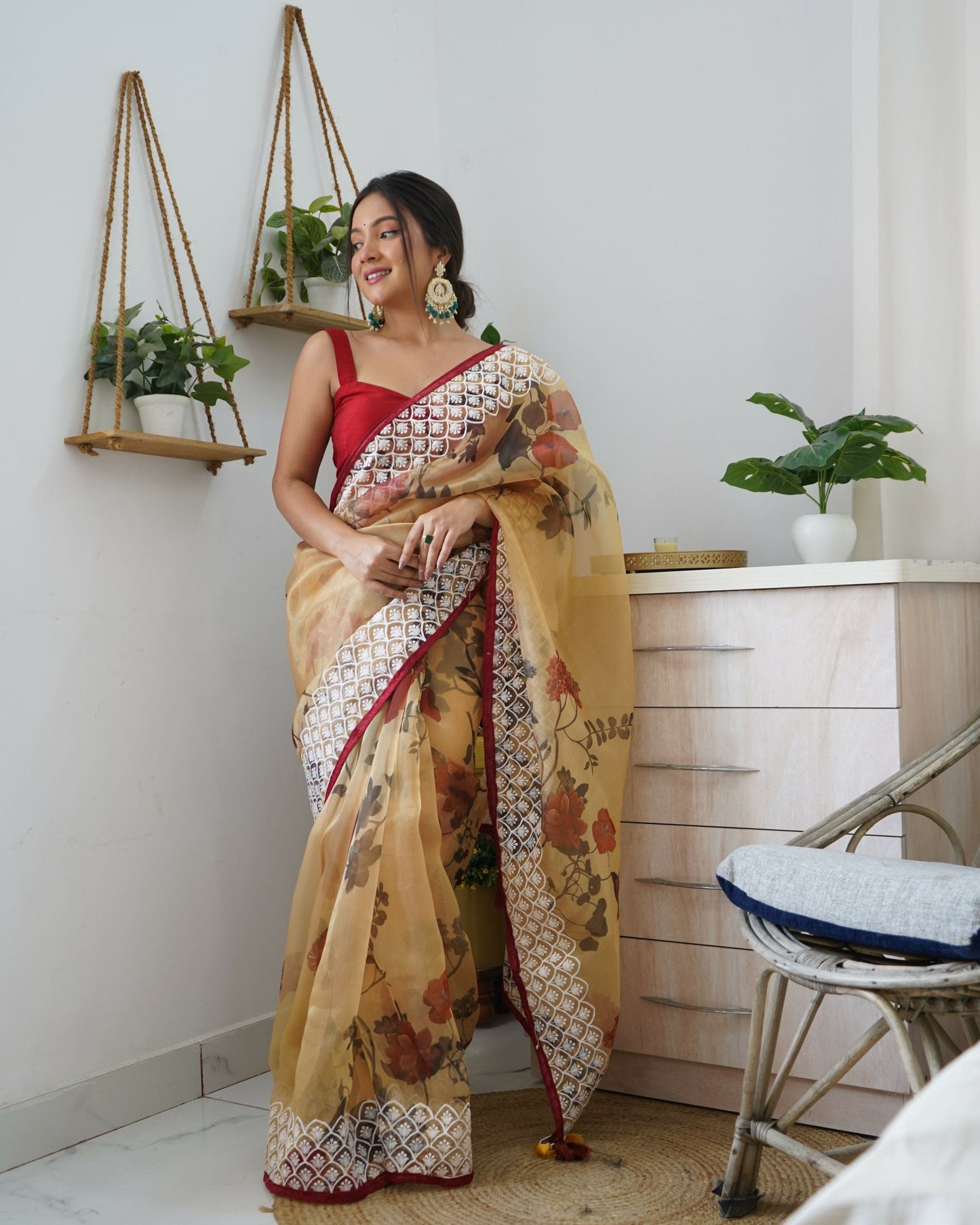 Vamsee 3 Latkan Brown Organza Saree - Swadesiicart
