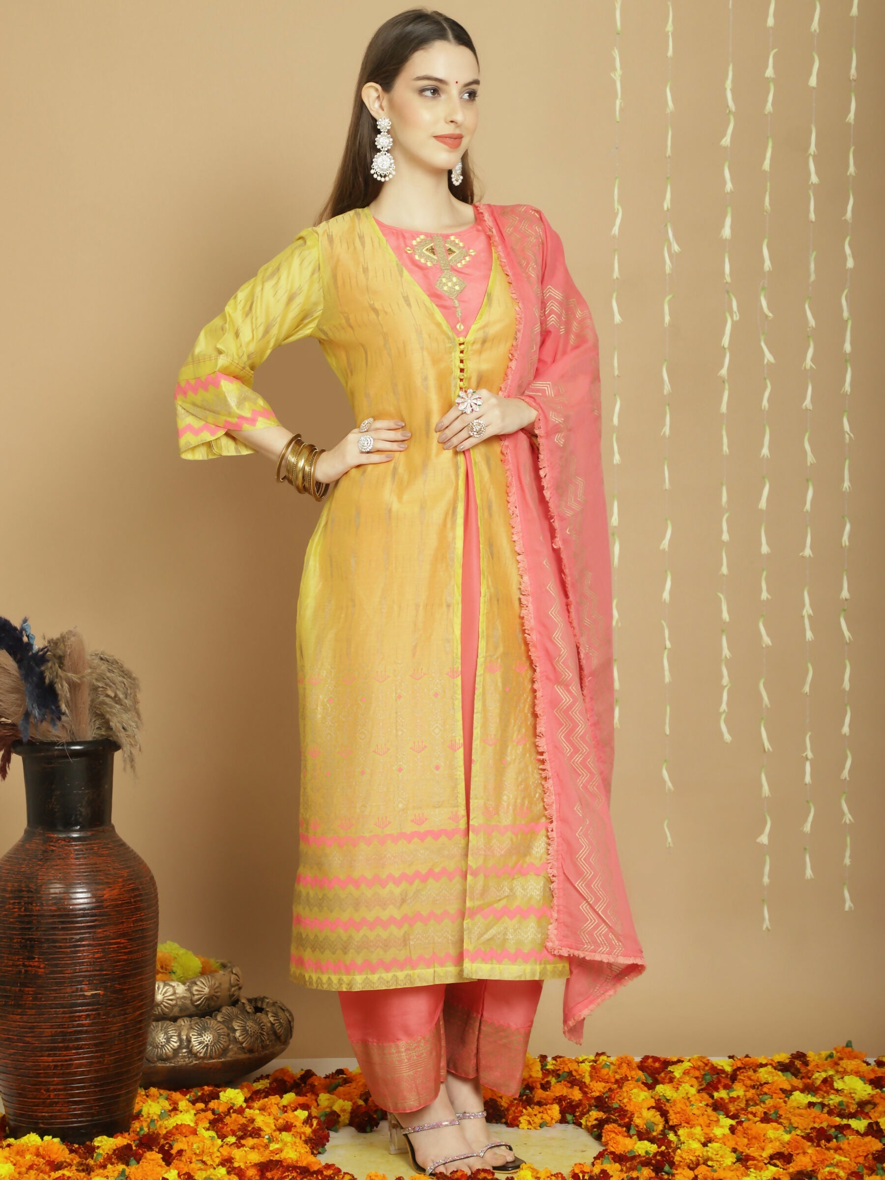 Jyoti Fashion Women's Yellow Chanderi Silk Elegant Jardoshi Semi Kurta with Trouser & Dupatta | Swadesiicart