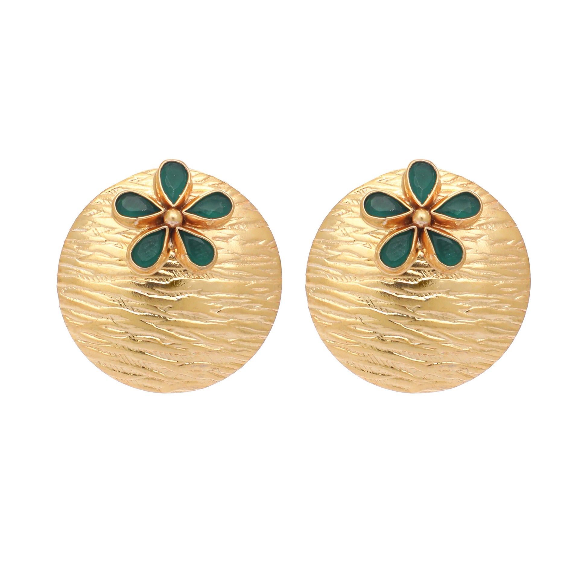 Nuyug 22K Gold-Plated Faux Emerald Stones Studded Circular Floral Shaped Motif Studs | Swadesiicart