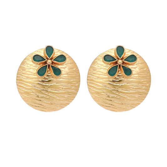 Nuyug 22K Gold-Plated Faux Emerald Stones Studded Circular Floral Shaped Motif Studs | Swadesiicart